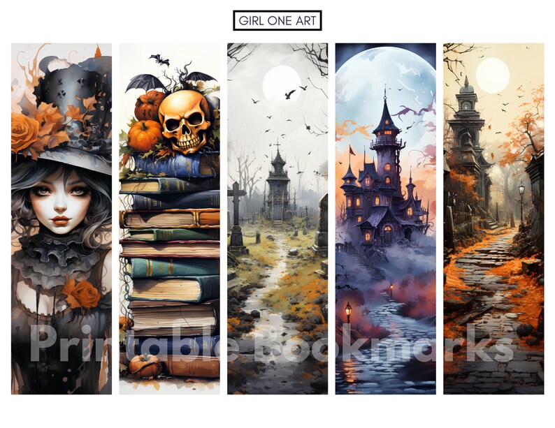 May include: Set of four printable bookmarks featuring a spooky Halloween theme. The bookmarks depict a girl in a witch's hat, a stack of books with a skull and pumpkins, a spooky house with a full moon, and a path through a graveyard.