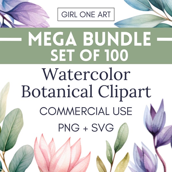 Watercolor Botanical Clipart Bundle Artful Floral PNG SVG Commercial Use Wildflowers Greenery Wedding Invitation Wall Art Cricut Sublimation