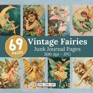 Vintage fées Junk Journal Pages Téléchargement instantané numérique fée Scrapbooking papier Faerie Fantasy Collage feuilles arrière-plans imprimables JPG