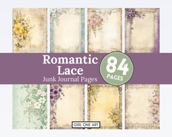 Libro de contabilidad de encaje romántico Páginas de diario basura Flor digital JPG Papel de álbum de recortes Hojas de collage de cuento de hadas Fondos en blanco imprimibles Shabby Chic