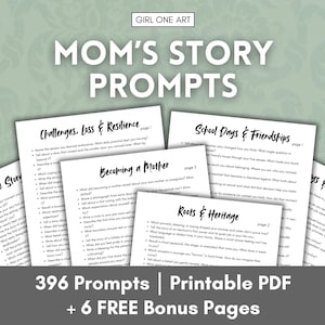 May include: A collection of printable PDF prompts for mothers, with the title "Mom's Story Prompts" at the top. The prompts are categorized into topics like "Challenges, Loss & Resilience" and "School Days & Friendships". The image includes the text "396 Prompts | Printable PDF + 6 FREE Bonus Pages".