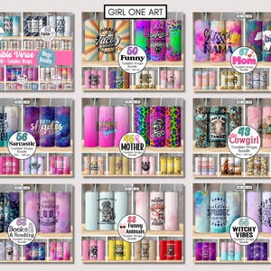May include: A collage of 9 images showcasing different designs for sublimation tumbler wraps. Each image features a variety of colorful and creative designs, including Bible verses, funny sayings, animal prints, and more. The designs are perfect for personalizing tumblers and adding a unique touch to your everyday drinkware.