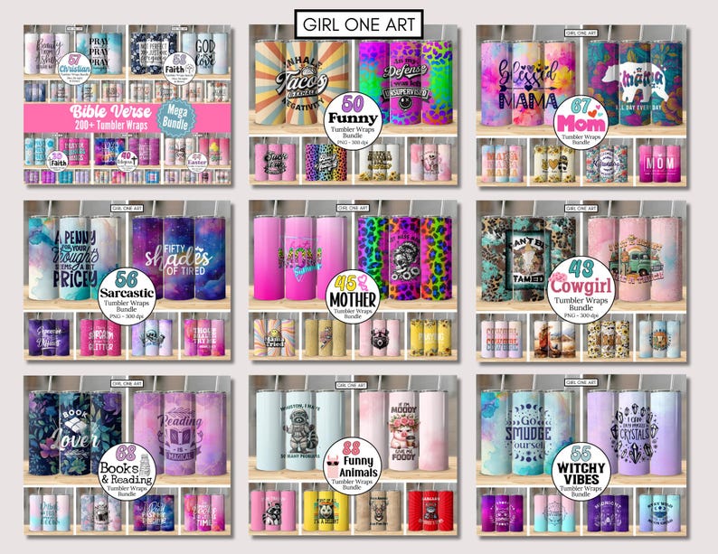 May include: A collage of 9 images showcasing different designs for sublimation tumbler wraps. Each image features a variety of colorful and creative designs, including Bible verses, funny sayings, animal prints, and more. The designs are perfect for personalizing tumblers and adding a unique touch to your everyday drinkware.