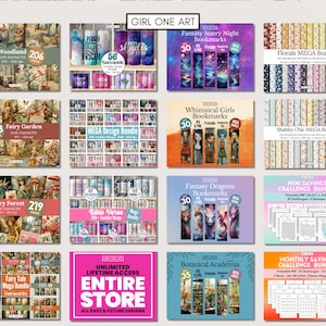 May include: A collection of digital products from Girl One Art, including junk journal kits, bookmark sets, and savings challenge bundles. The image showcases various themes, such as woodland, fairy garden, fantasy, and botanical designs, with a variety of colors and styles.