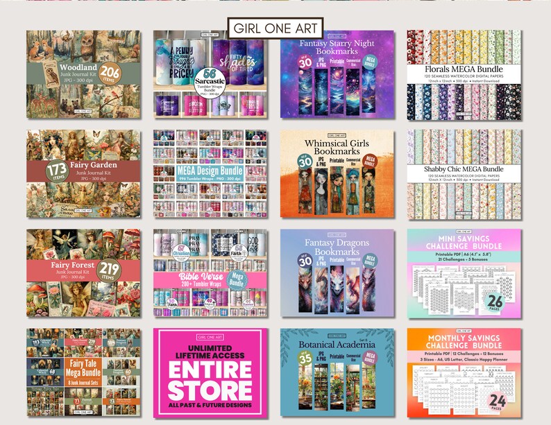 May include: A collection of digital products from Girl One Art, including junk journal kits, bookmark sets, and savings challenge bundles. The image showcases various themes, such as woodland, fairy garden, fantasy, and botanical designs, with a variety of colors and styles.