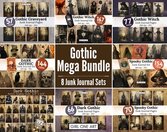 Gothic Junk Journal Kit Bundel Digitale Scrapbook Papier Spooky Collage Vellen Vintage Ephemera ATC Horror Gothic Heks Achtergronden JPG