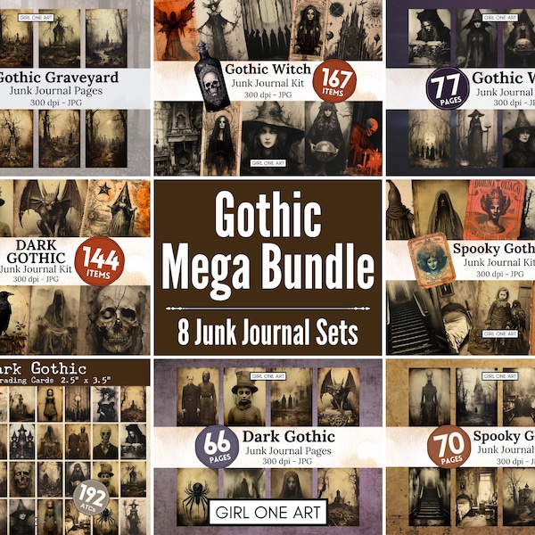 Gothic Junk Journal Kit Bundle Digital Scrapbook Paper Spooky Collage Sheets Vintage Ephemera ATC Horror Gothic Witch Backgrounds JPG