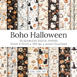 Peut inclure: Ensemble de 20 papiers numériques sans couture sur le thème de l'Halloween Bohème. Les motifs présentent des citrouilles, des chats noirs, des fantômes et d'autres éléments automnaux. Chaque papier mesure 30,48 cm x 30,48 cm.