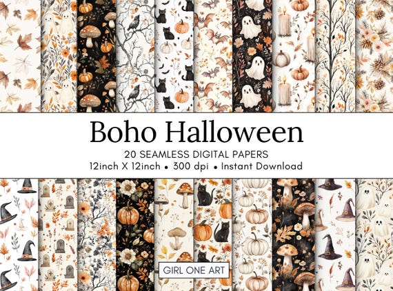 Boho Cottagecore Seamless Paper Neutral Halloween Spooky Ghost Pumpkin Wallpaper Witchy Junk Journal Patterns Autumn Background Ephemera