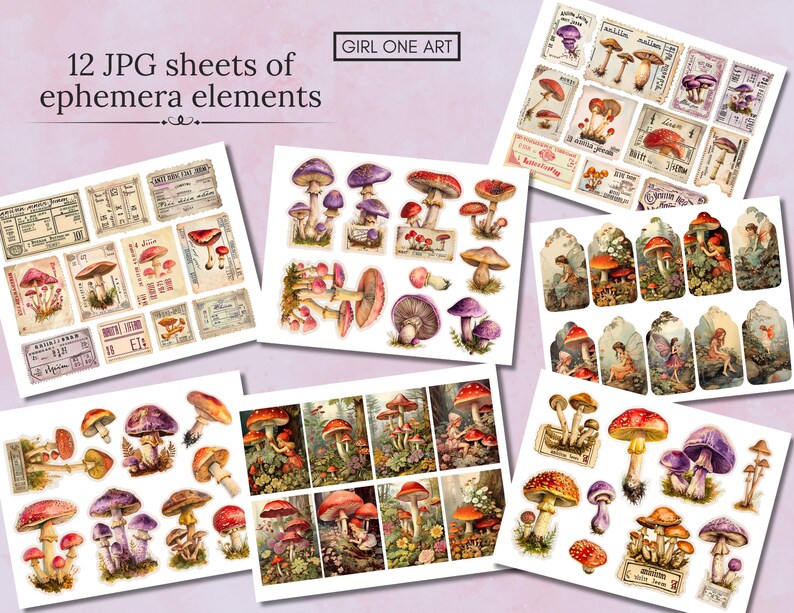 May include: Twelve digital paper sheets featuring illustrations of mushrooms in various colors and styles. The sheets include vintage-inspired designs with mushrooms in a forest setting, mushrooms with fairy wings, and mushrooms with labels and text.
