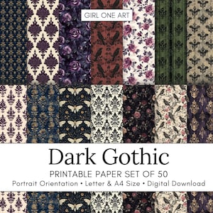 May include: A digital collection of 50 printable papers featuring dark patterns including damask, roses, moths, and birds in shades of purple, black, green, and cream. The text GIRL ONE ART and Dark Gothic PRINTABLE PAPER SET OF 50 is visible.