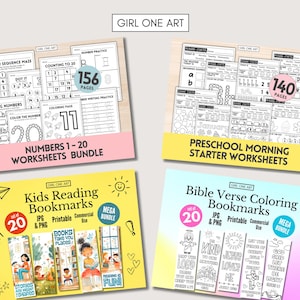 May include: A set of four printable worksheets and bookmarks for preschool and early elementary education. The worksheets include number sequences, counting, colouring pages, and writing practice. The bookmarks feature colourful illustrations of children reading books and Bible verses.