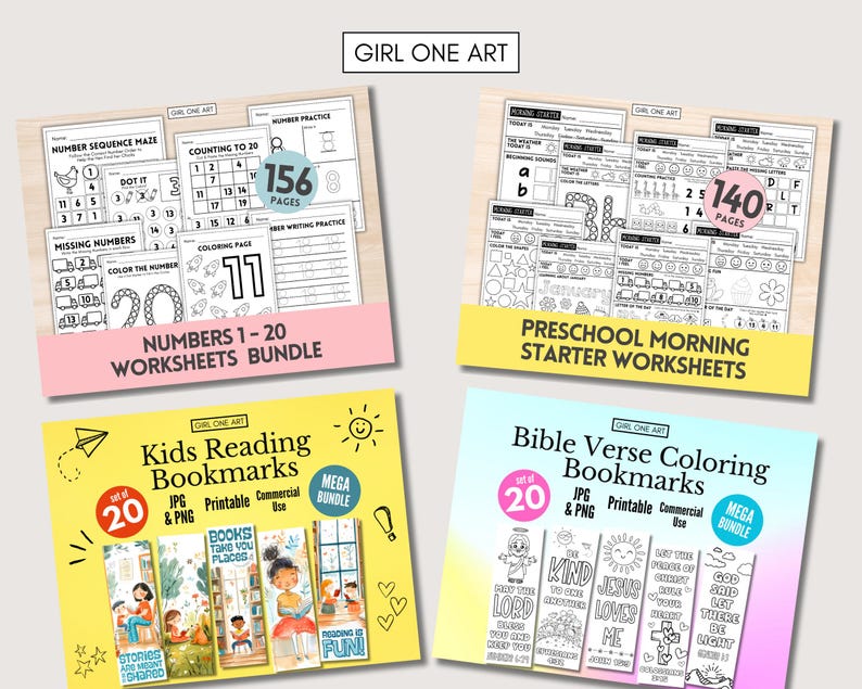 May include: A set of four printable worksheets and bookmarks for preschool and early elementary education. The worksheets include number sequences, counting, colouring pages, and writing practice. The bookmarks feature colourful illustrations of children reading books and Bible verses.