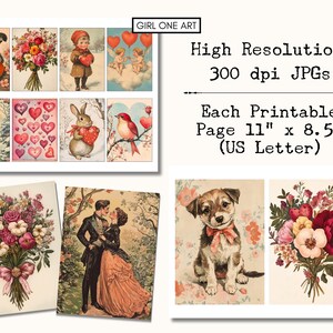 Puede incluir: Una hoja de collage digital con im&aacute;genes vintage del D&iacute;a de San Valent&iacute;n. La hoja incluye im&aacute;genes de flores, corazones, una pareja, un perro, un conejo y un p&aacute;jaro. La hoja est&aacute; dise&ntilde;ada para ser impresa en papel de 28 cm por 21,5 cm.