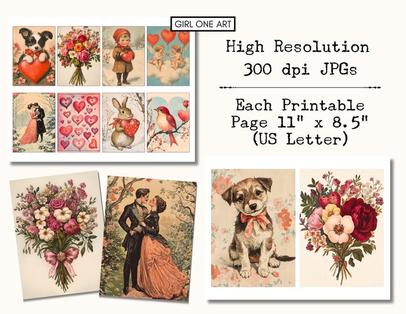 Puede incluir: Una hoja de collage digital con im&aacute;genes vintage del D&iacute;a de San Valent&iacute;n. La hoja incluye im&aacute;genes de flores, corazones, una pareja, un perro, un conejo y un p&aacute;jaro. La hoja est&aacute; dise&ntilde;ada para ser impresa en papel de 28 cm por 21,5 cm.
