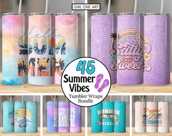 Summer Vibes Tumbler Wrap Bundle 20oz Beach Skinny Straight Tumbler PNG Tropical Ocean Vacation Sublimation Design Seashell Digital Download