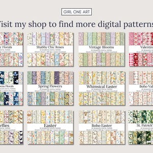 May include: A collection of digital paper packs with floral and seasonal patterns. The packs include designs such as Romantic Florals, Shabby Chic Roses, and Valentine's Day. The text "Visit my shop to find more digital patterns!" is at the top.