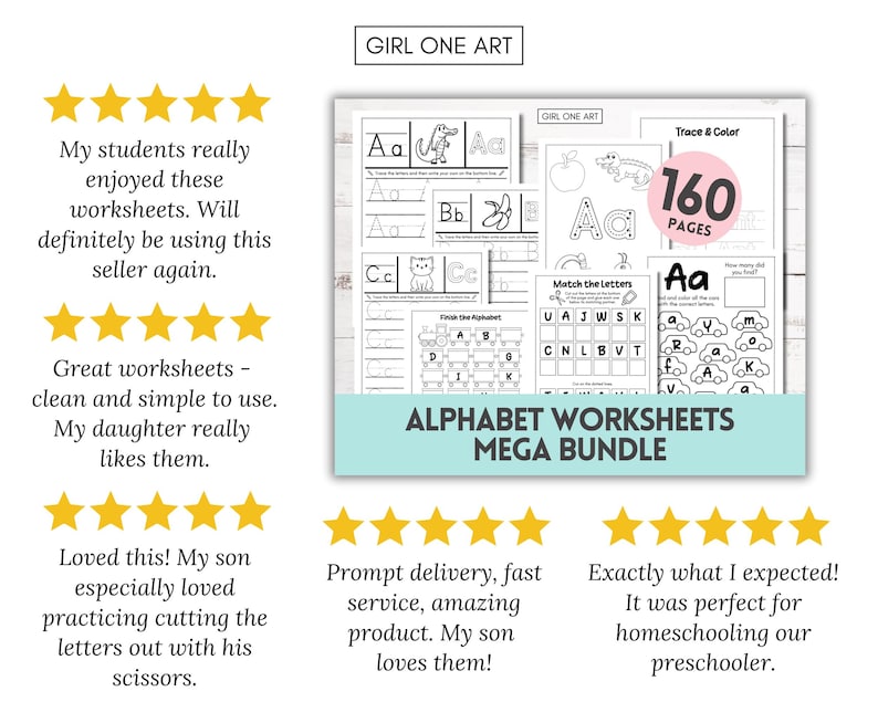 May include: A digital download of 160 alphabet worksheets for preschoolers. The worksheets feature a variety of activities, including tracing, colouring, matching, and finding letters. The worksheets are black and white and have a simple design. The text on the image reads "Alphabet Worksheets Mega Bundle".