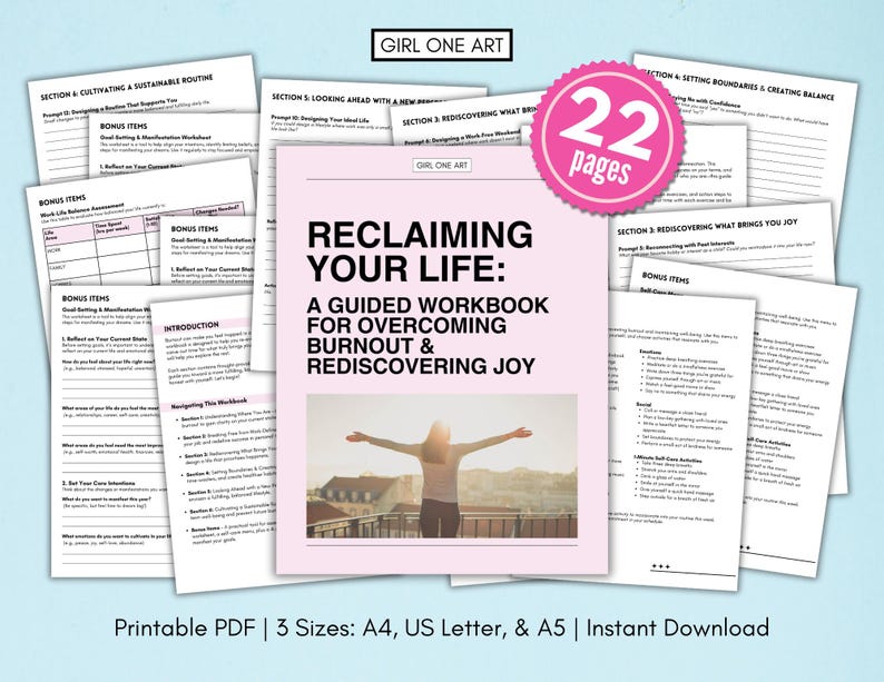 May include: A pink and white printable workbook titled "Reclaiming Your Life: A Guided Workbook for Overcoming Burnout & Rediscovering Joy". The cover features a woman with her arms outstretched, standing on a balcony overlooking a city. The workbook is 22 pages long and available in three sizes: A4, US Letter, and A5.