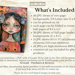 May include: Digital art print featuring a whimsical illustration of a girl with butterfly wings and a floral design. The artwork includes 40 JPG backgrounds (11 x 8.5 inches), 30 full-page backgrounds, and 14 ephemera elements.