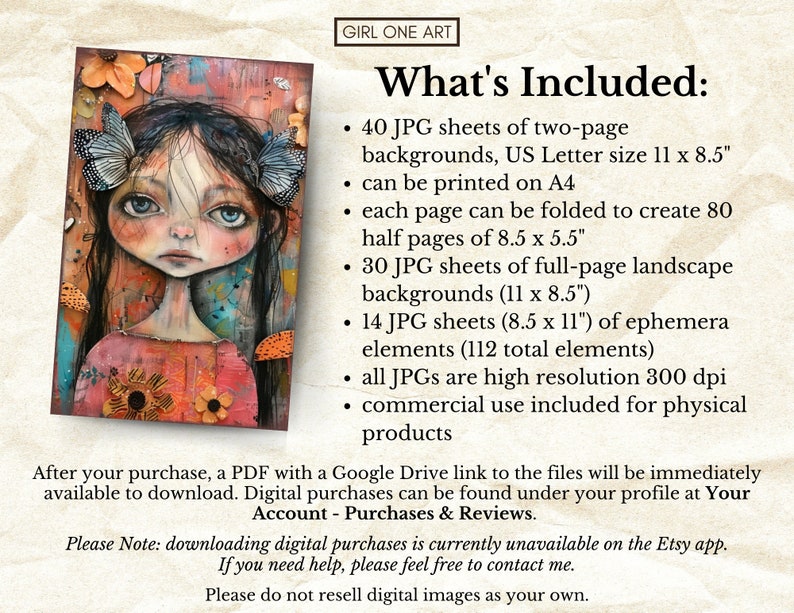 May include: Digital art print featuring a whimsical illustration of a girl with butterfly wings and a floral design. The artwork includes 40 JPG backgrounds (11 x 8.5 inches), 30 full-page backgrounds, and 14 ephemera elements.