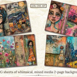 May include: A collection of four mixed media art prints. Each print features a whimsical illustration of a girl, flowers, and landscapes. The text "GIRL ONE ART" is at the top, and the text "40 JPG sheets of whimsical, mixed media 2-page backgrounds" is at the bottom.
