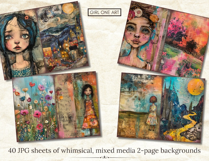 May include: A collection of four mixed media art prints. Each print features a whimsical illustration of a girl, flowers, and landscapes. The text "GIRL ONE ART" is at the top, and the text "40 JPG sheets of whimsical, mixed media 2-page backgrounds" is at the bottom.