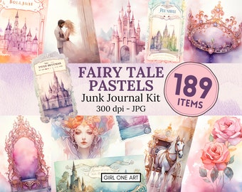 May include: A digital collage of pastel-coloured images featuring castles, crowns, carriages, and flowers. The text "Fairy Tale Pastels" and "Junk Journal Kit" is displayed in the centre of the image. The text "189 Items" is displayed in a pink circle.
