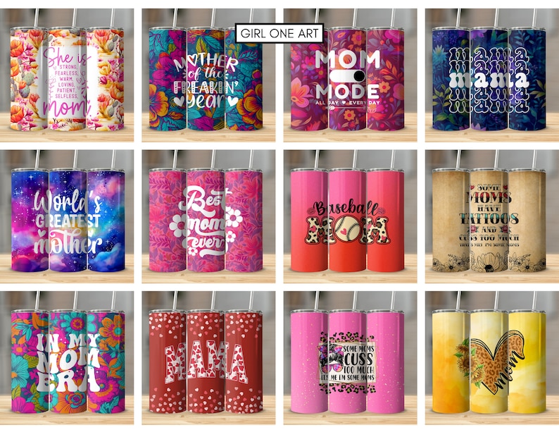 Mom Tumbler Wrap Bundle 20oz Skinny Straight Mother's Day Tumbler Sublimation Mama Design Digital Download Mom Life PNG Boho Floral Glitter image 5