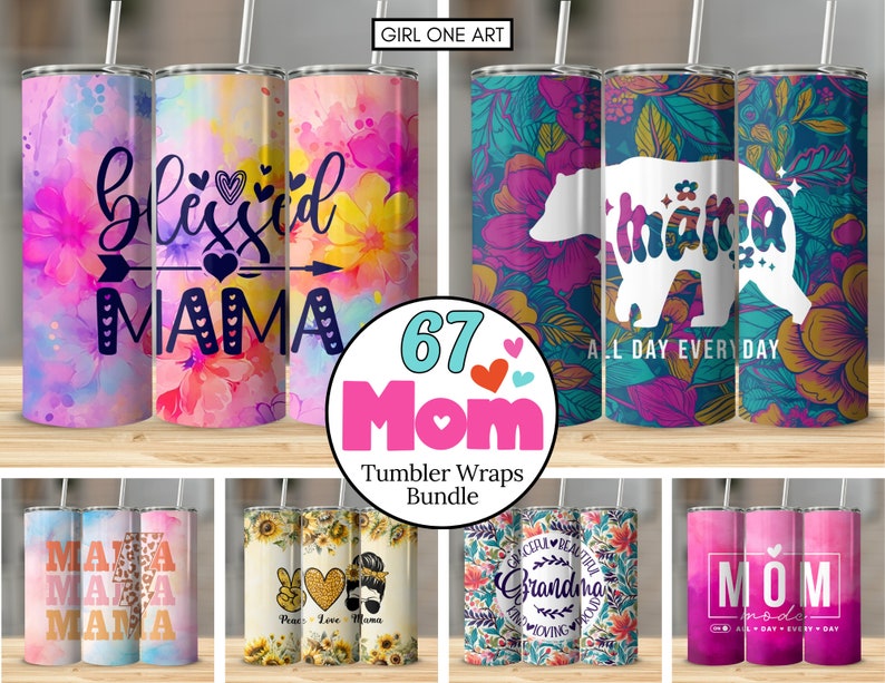 Mom Tumbler Wrap Bundle 20oz Skinny Straight Mother's Day Tumbler Sublimation Mama Design Digital Download Mom Life PNG Boho Floral Glitter image 1