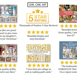May include: A collage of digital products with five-star reviews. The products include sublimation designs for mugs, digital papers, and bookmarks. The reviews highlight the quality of the products and the ease of use.