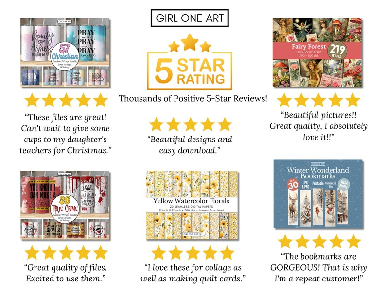 May include: A collage of digital products with five-star reviews. The products include sublimation designs for mugs, digital papers, and bookmarks. The reviews highlight the quality of the products and the ease of use.