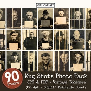 Vintage Mug Shot Photo Ephemera Pack Junk Journal Afdrukbare antieke ouderwetse foto's Mugshot Murder Mystery ATC Halloween Cabinet Card