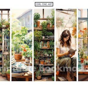 Peut inclure: Une femme est assise dans une serre ensoleill&eacute;e en train de lire un livre. La serre est remplie de plantes et d'&eacute;tag&egrave;res &agrave; livres. L'image est divis&eacute;e en quatre sections, chacune montrant une partie diff&eacute;rente de la serre.