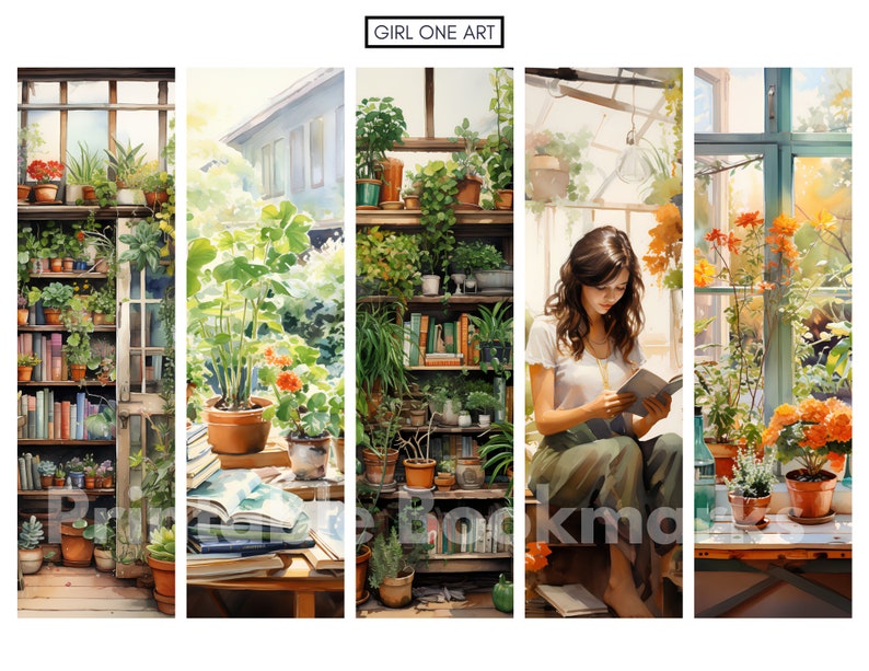 Peut inclure: Une femme est assise dans une serre ensoleill&eacute;e en train de lire un livre. La serre est remplie de plantes et d'&eacute;tag&egrave;res &agrave; livres. L'image est divis&eacute;e en quatre sections, chacune montrant une partie diff&eacute;rente de la serre.