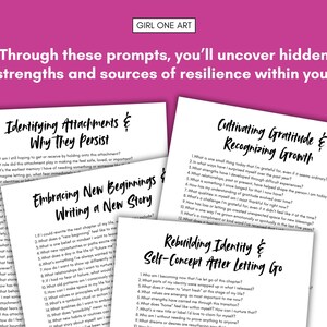 May include: A collection of white paper prompts with black text on a pink background. The prompts include questions about attachments, new beginnings, gratitude, and self-concept. The text "GIRL ONE ART" is in the top right corner.