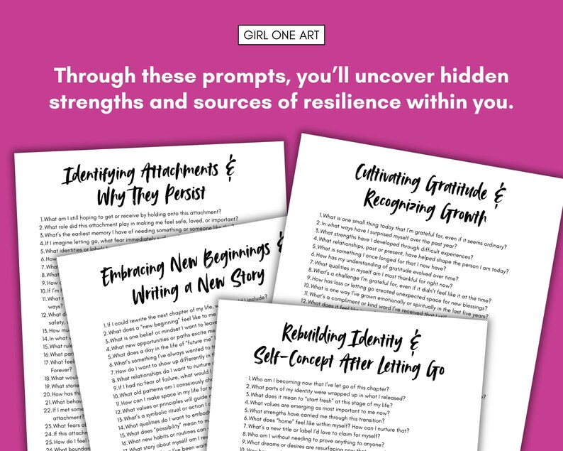 May include: A collection of white paper prompts with black text on a pink background. The prompts include questions about attachments, new beginnings, gratitude, and self-concept. The text "GIRL ONE ART" is in the top right corner.