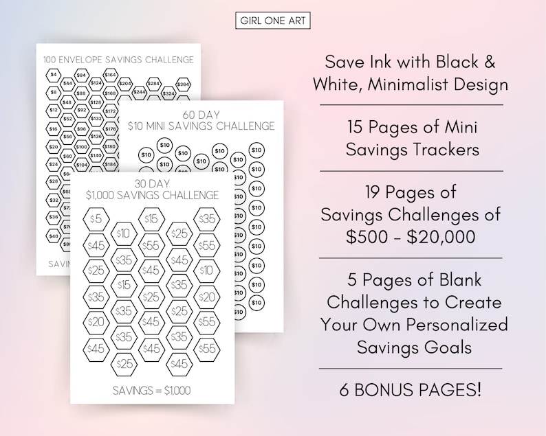 May include: A printable savings challenge booklet with black and white minimalist design. It includes 100 envelope savings challenges, 60 day $10 mini savings challenges, 30 day $1000 savings challenges, 15 pages of mini savings trackers, 19 pages of savings challenges from $500 to $20,000, 5 pages of blank challenges to create your own personalized savings goals, and 6 bonus pages.