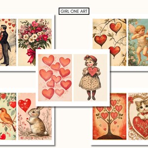 Puede incluir: Un collage de im&aacute;genes vintage del D&iacute;a de San Valent&iacute;n con una pareja bajo un paraguas, un ramo de flores, un &aacute;rbol en forma de coraz&oacute;n, un cupido con arco y flecha, una ni&ntilde;a sosteniendo un coraz&oacute;n, un conejito con un globo en forma de coraz&oacute;n y un gato con un coraz&oacute;n. Las im&aacute;genes est&aacute;n todas en un estilo rom&aacute;ntico con corazones rojos y rosas.
