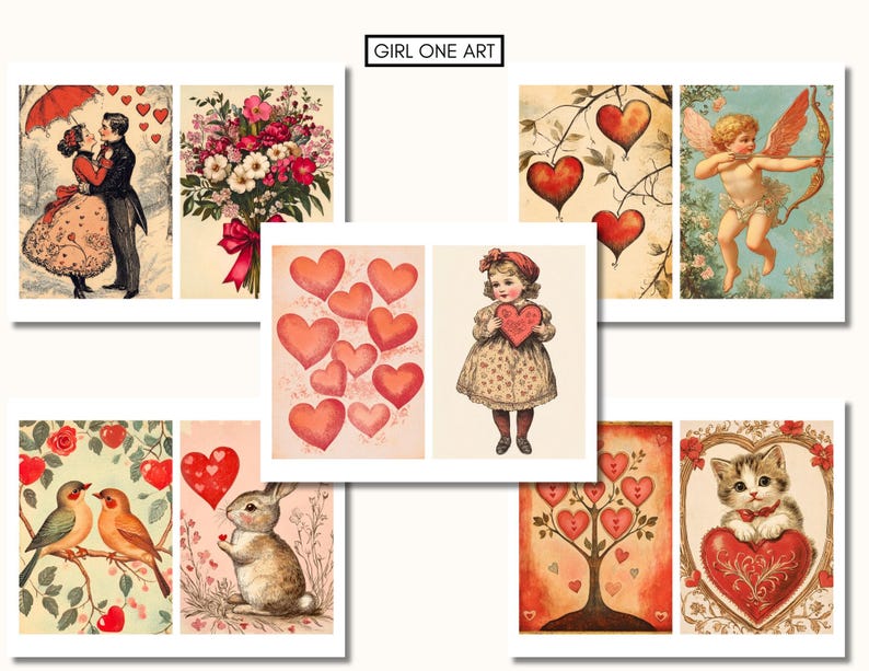 Puede incluir: Un collage de im&aacute;genes vintage del D&iacute;a de San Valent&iacute;n con una pareja bajo un paraguas, un ramo de flores, un &aacute;rbol en forma de coraz&oacute;n, un cupido con arco y flecha, una ni&ntilde;a sosteniendo un coraz&oacute;n, un conejito con un globo en forma de coraz&oacute;n y un gato con un coraz&oacute;n. Las im&aacute;genes est&aacute;n todas en un estilo rom&aacute;ntico con corazones rojos y rosas.
