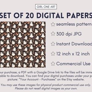 K&ouml;nnte beinhalten: Set mit 20 digitalen Papieren mit einem nahtlosen Muster aus wei&szlig;en Geistern auf dunklem Hintergrund mit floralen Akzenten. Das Bild enth&auml;lt Details wie 300 dpi JPG, Sofort-Download, 30.48 cm x 30.48 cm Gr&ouml;&szlig;e und kommerzielle Nutzung.