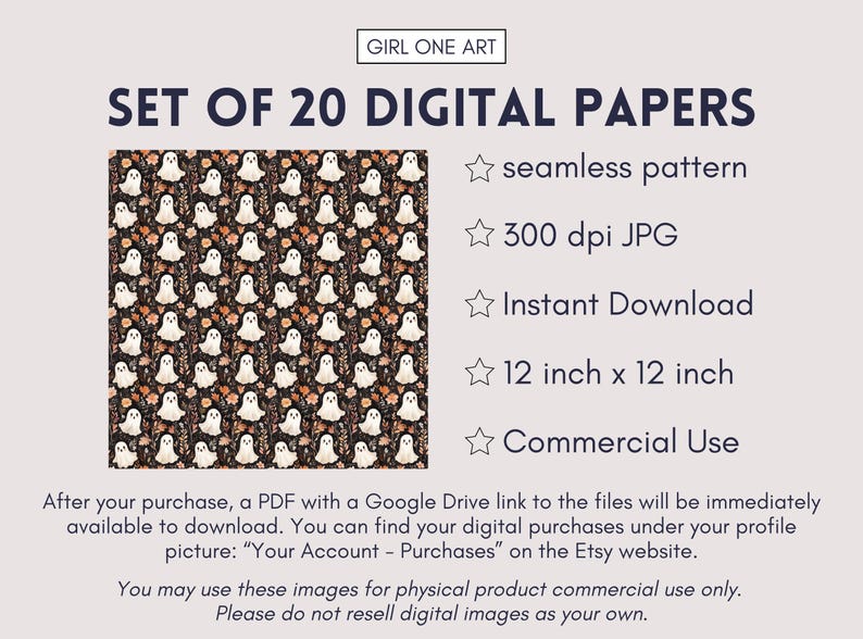 K&ouml;nnte beinhalten: Set mit 20 digitalen Papieren mit einem nahtlosen Muster aus wei&szlig;en Geistern auf dunklem Hintergrund mit floralen Akzenten. Das Bild enth&auml;lt Details wie 300 dpi JPG, Sofort-Download, 30.48 cm x 30.48 cm Gr&ouml;&szlig;e und kommerzielle Nutzung.