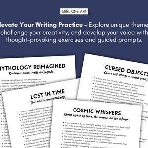 May include: A set of printable writing prompts for creative writing exercises. The prompts are divided into three categories: Mythology Reimagined, Lost in Time, and Cursed Objects.