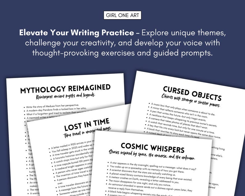 May include: A set of printable writing prompts for creative writing exercises. The prompts are divided into three categories: Mythology Reimagined, Lost in Time, and Cursed Objects.