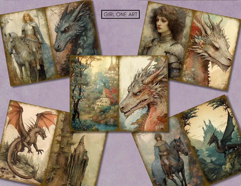 May include: A collage of images featuring dragons, knights, and a medieval landscape. The images are in a vintage style with a faded, aged look. The text "GIRL ONE ART" is visible in the top center of the collage.