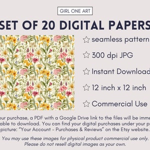 May include: Set of 20 digital papers featuring a seamless pattern of colorful flowers on a cream background. The papers are 12 inches by 12 inches, 300 dpi JPG files, and are for commercial use.