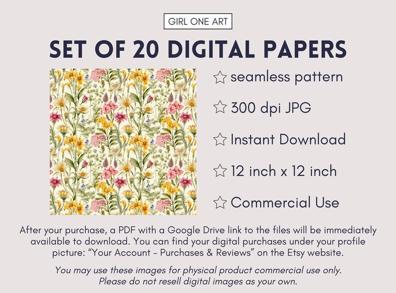 May include: Set of 20 digital papers featuring a seamless pattern of colorful flowers on a cream background. The papers are 12 inches by 12 inches, 300 dpi JPG files, and are for commercial use.