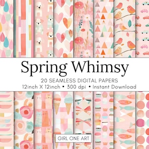 May include: A collection of 20 seamless digital papers with a spring theme. The papers feature watercolor patterns of dogs, hearts, flowers, birds, cars, and geometric shapes in pastel colors. Each paper is 12 inches by 12 inches.