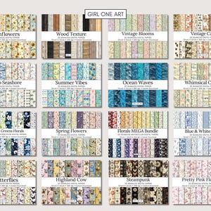 May include: A collection of 20 digital paper packs, each featuring a different theme, such as sunflowers, wood texture, vintage blooms, vintage cats, boho seashore, summer vibes, ocean waves, whimsical ocean, blues & greens florals, spring flowers, florals mega bundle, blue & white toile, butterflies, highland cow, steampunk, and pretty pink flowers.