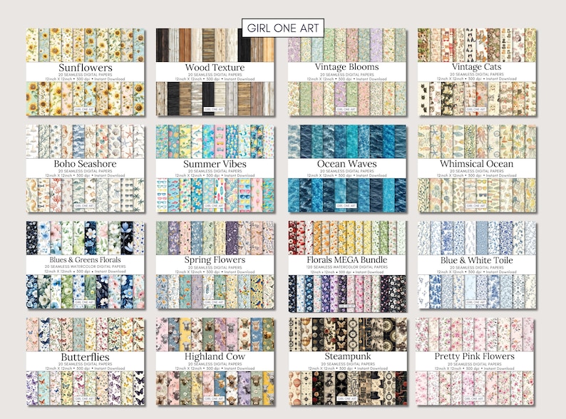 May include: A collection of 20 digital paper packs, each featuring a different theme, such as sunflowers, wood texture, vintage blooms, vintage cats, boho seashore, summer vibes, ocean waves, whimsical ocean, blues & greens florals, spring flowers, florals mega bundle, blue & white toile, butterflies, highland cow, steampunk, and pretty pink flowers.